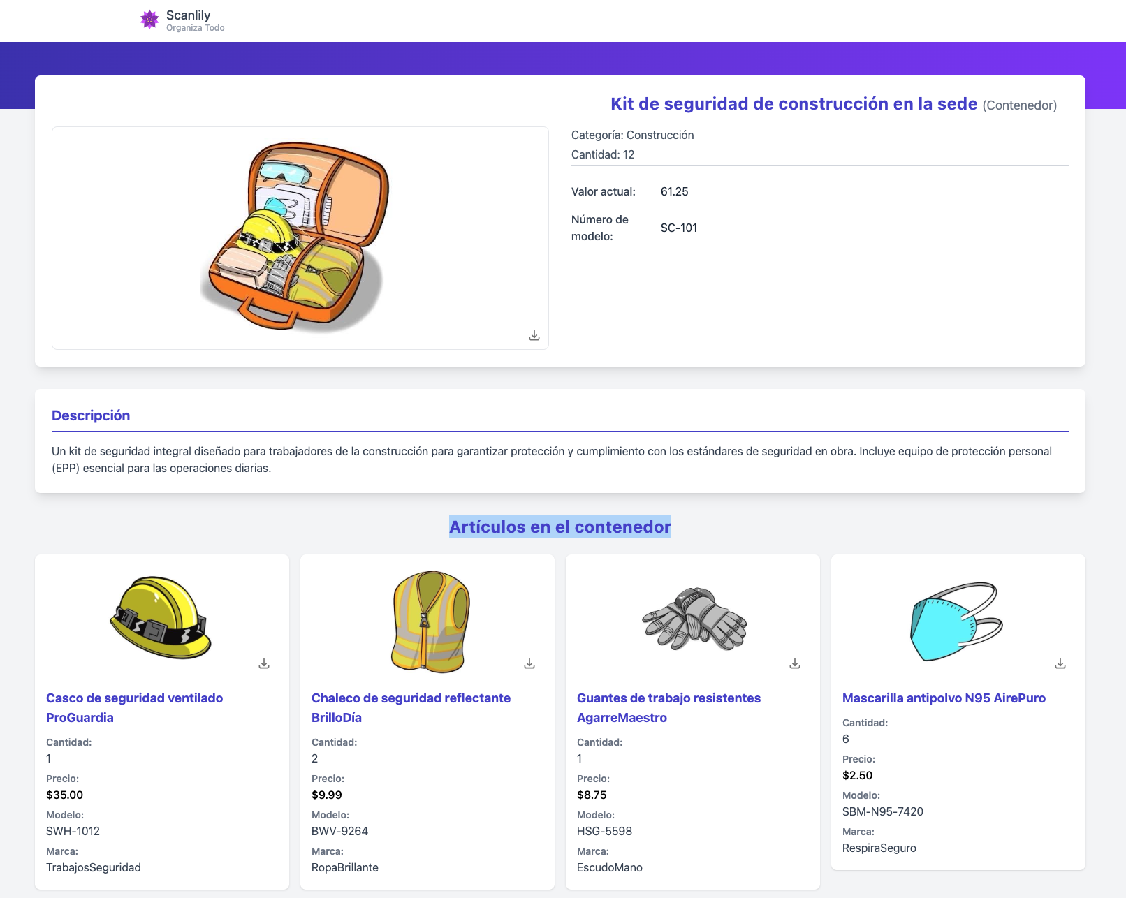 Un contenedor con elementos en la sección Vista de inventario del sitio web del usuario.