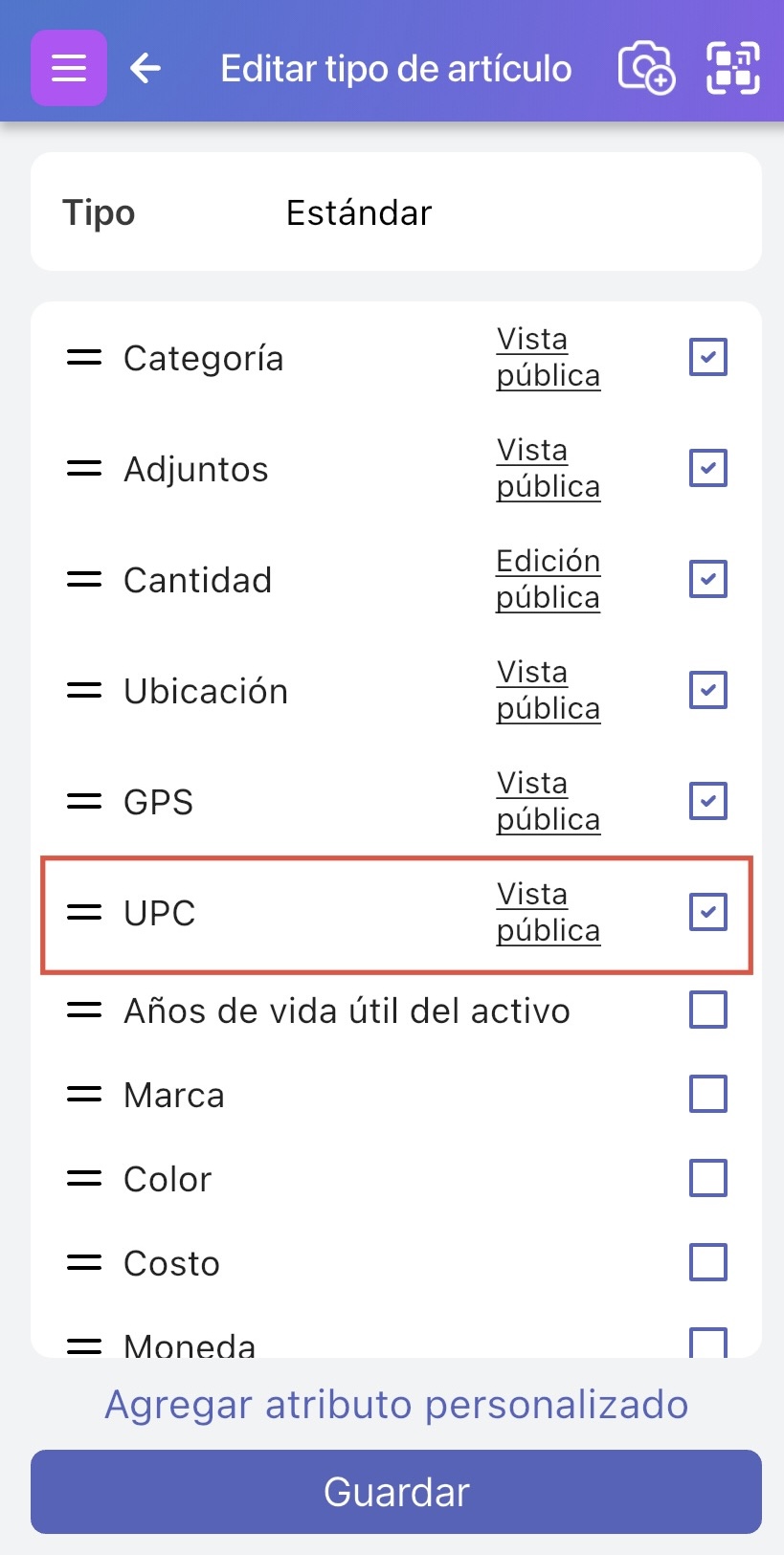 Pantalla Editar tipo de artículo con campos visibles y el campo UPC resaltado.
