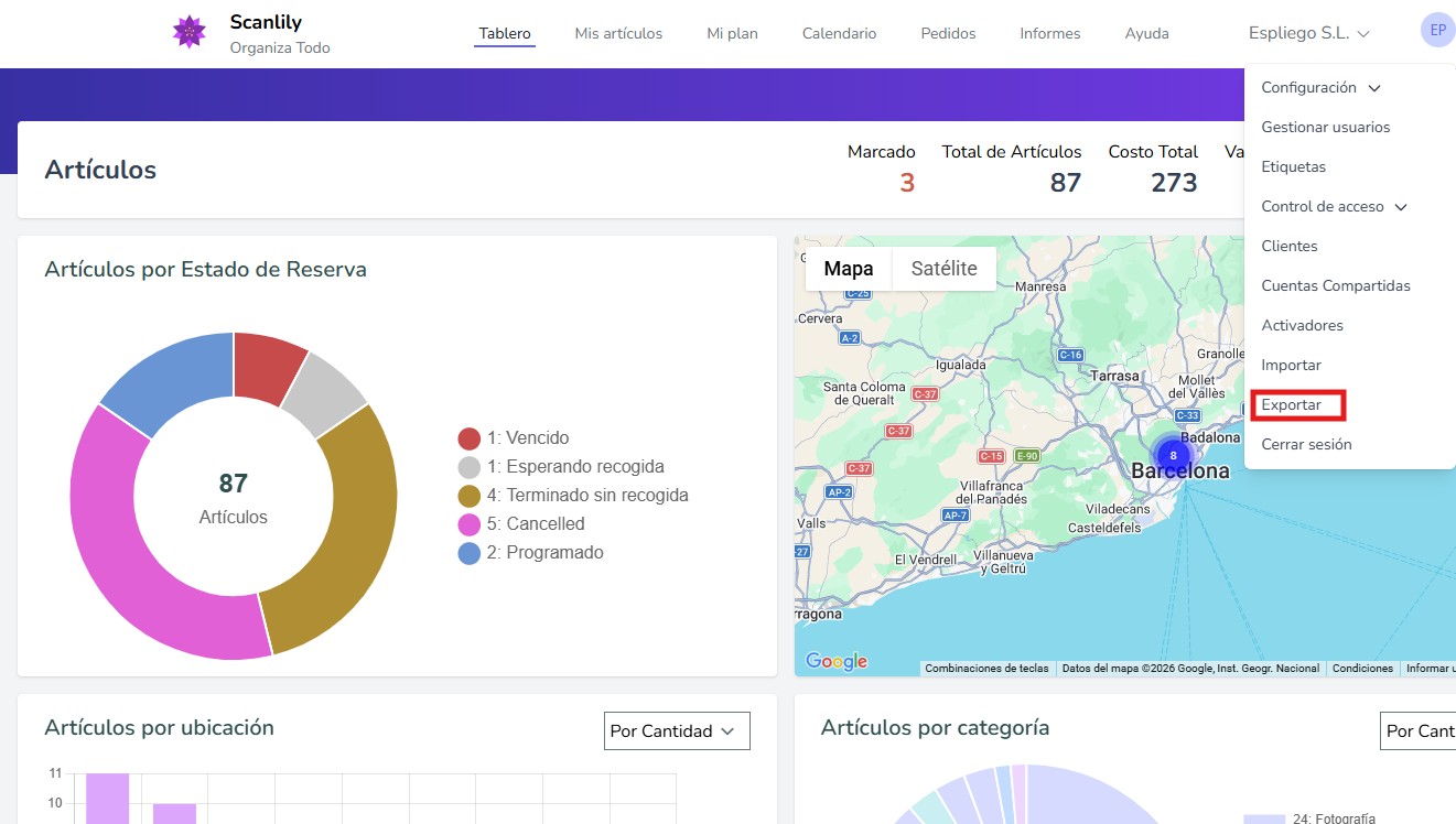 Opción de exportar en el menú superior derecho del sitio web del usuario