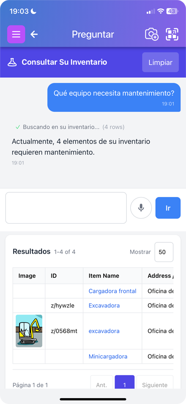 Página de la lista de elementos de Scanlily en la que el usuario está escribiendo una consulta de búsqueda en lenguaje natural para que la IA encuentre la imagen.