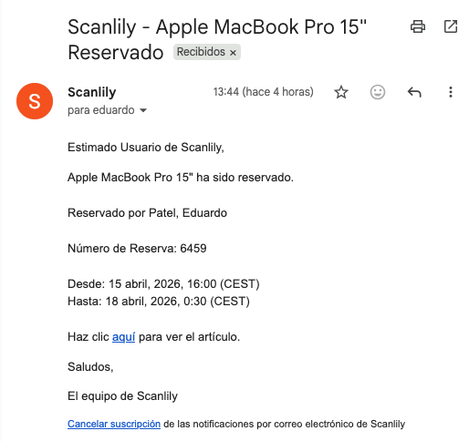 Correo electrónico recibido confirmando que un artículo ha sido reservado