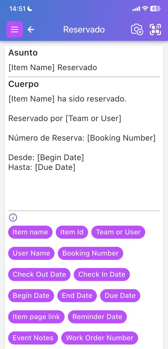 Pantalla de Scanlily para personalizar la notificación cuando la gente reserva un artículo