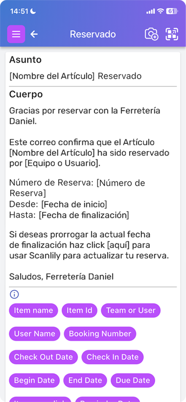 Pantalla de Scanlily para personalizar la notificación cuando la gente reserva un artículo