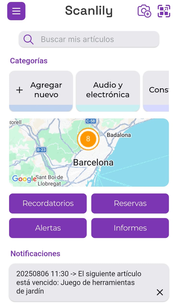 Pantalla del panel de control de la aplicación Scanlily