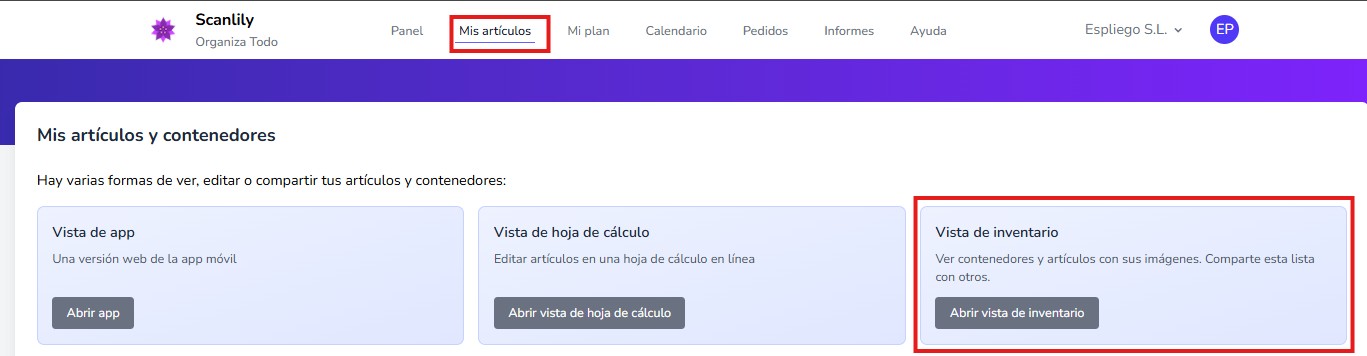 Selección de la opción Vista de inventario en la sección Mis artículos del sitio web del usuario