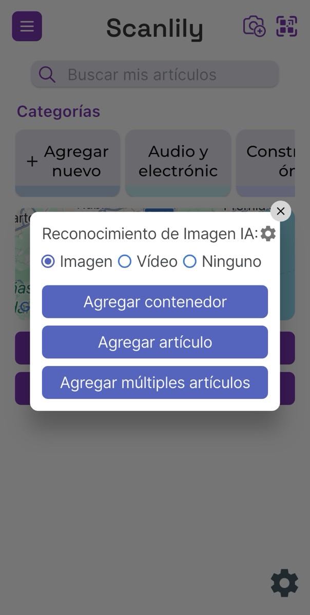 Opciones emergentes de Scanlily para añadir un artículo con o sin IA