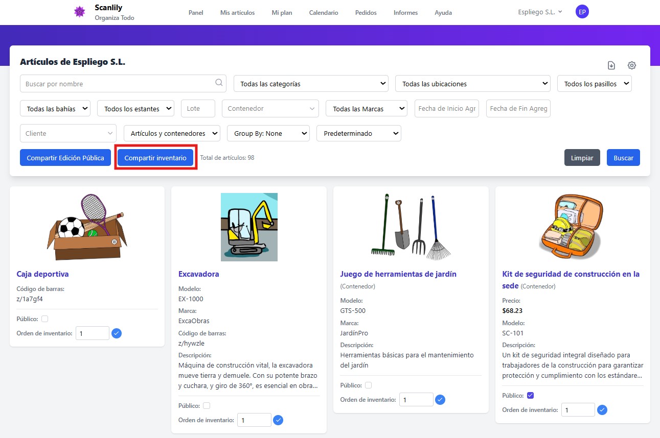 Elementos mostrados en la Vista de Inventario