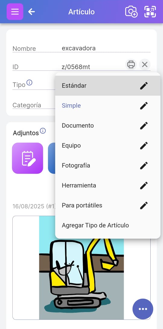 Pantalla de elementos con la opción "Tipo de elemento" seleccionada, mostrando la lista de posibles tipos de elementos que un usuario ha definido.