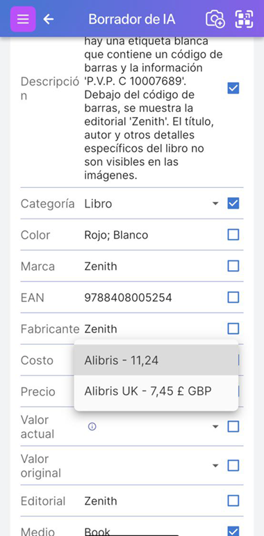 Resultados del escaneo UPC mostrando precios del artículo de diferentes vendedores.