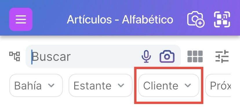 La barra de filtro de la lista de artículos de Scanlily con el menú desplegable Cliente resaltado