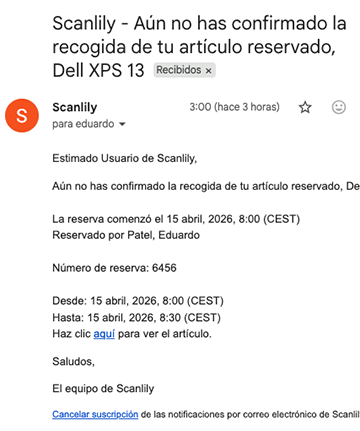 Correo electrónico recibido cuando la reserva de un artículo está vencida