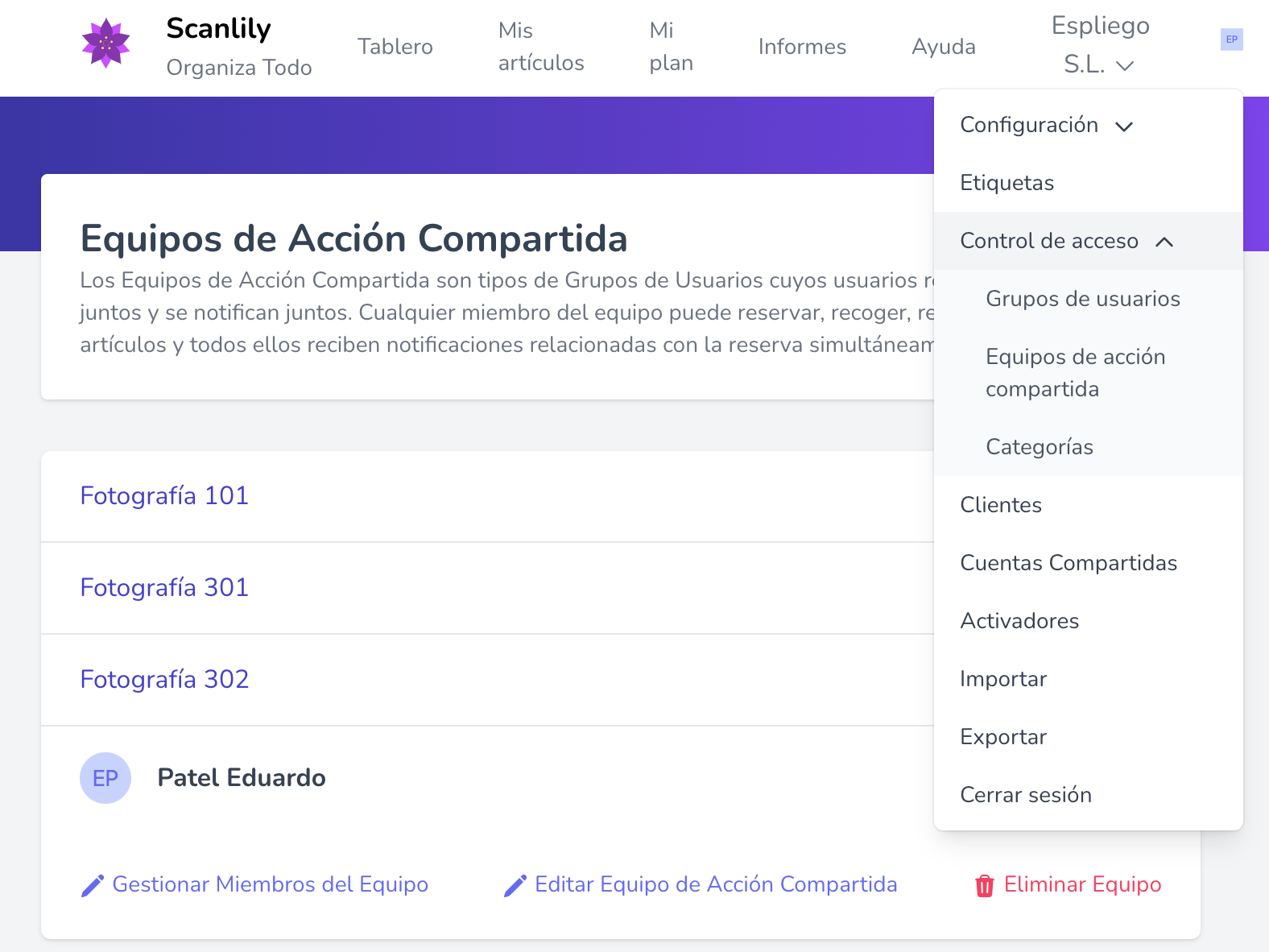 Página de gestión de equipo en el sitio web del usuario