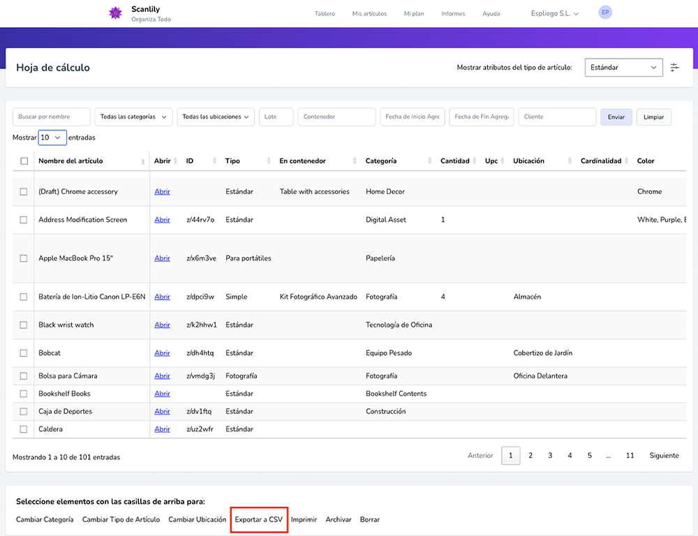 Vista de una hoja de cálculo con filas seleccionadas y la opción "Exportar a CSV" resaltada