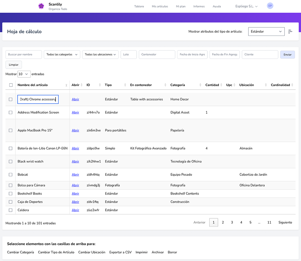 Vista de una hoja de cálculo con datos sobre un sitio web.