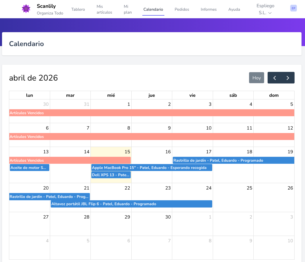 Muestra los artículos reservados en el calendario
