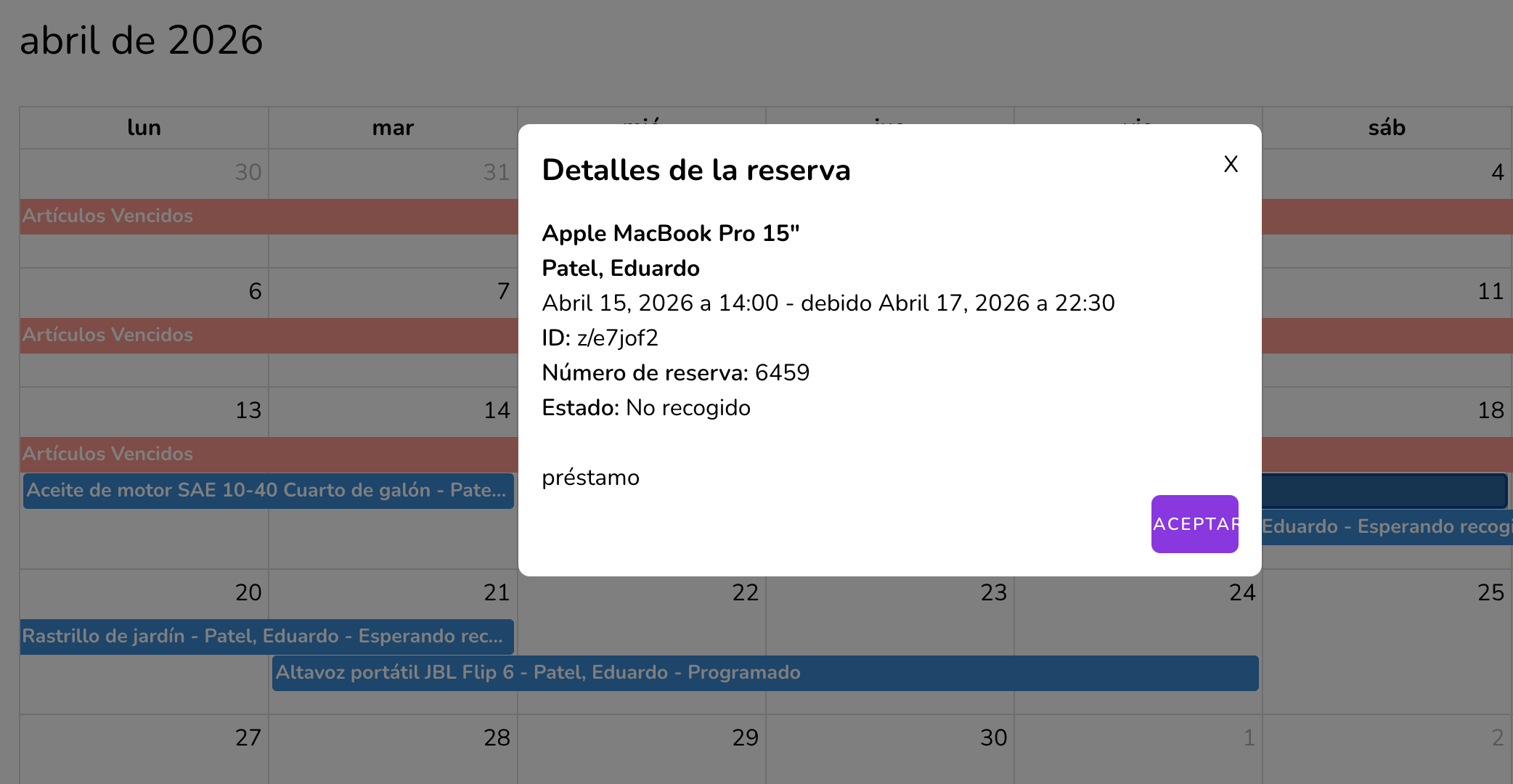 Ventana emergente que muestra los rangos de fechas de reserva y el estado del artículo Rastrillo de jardín