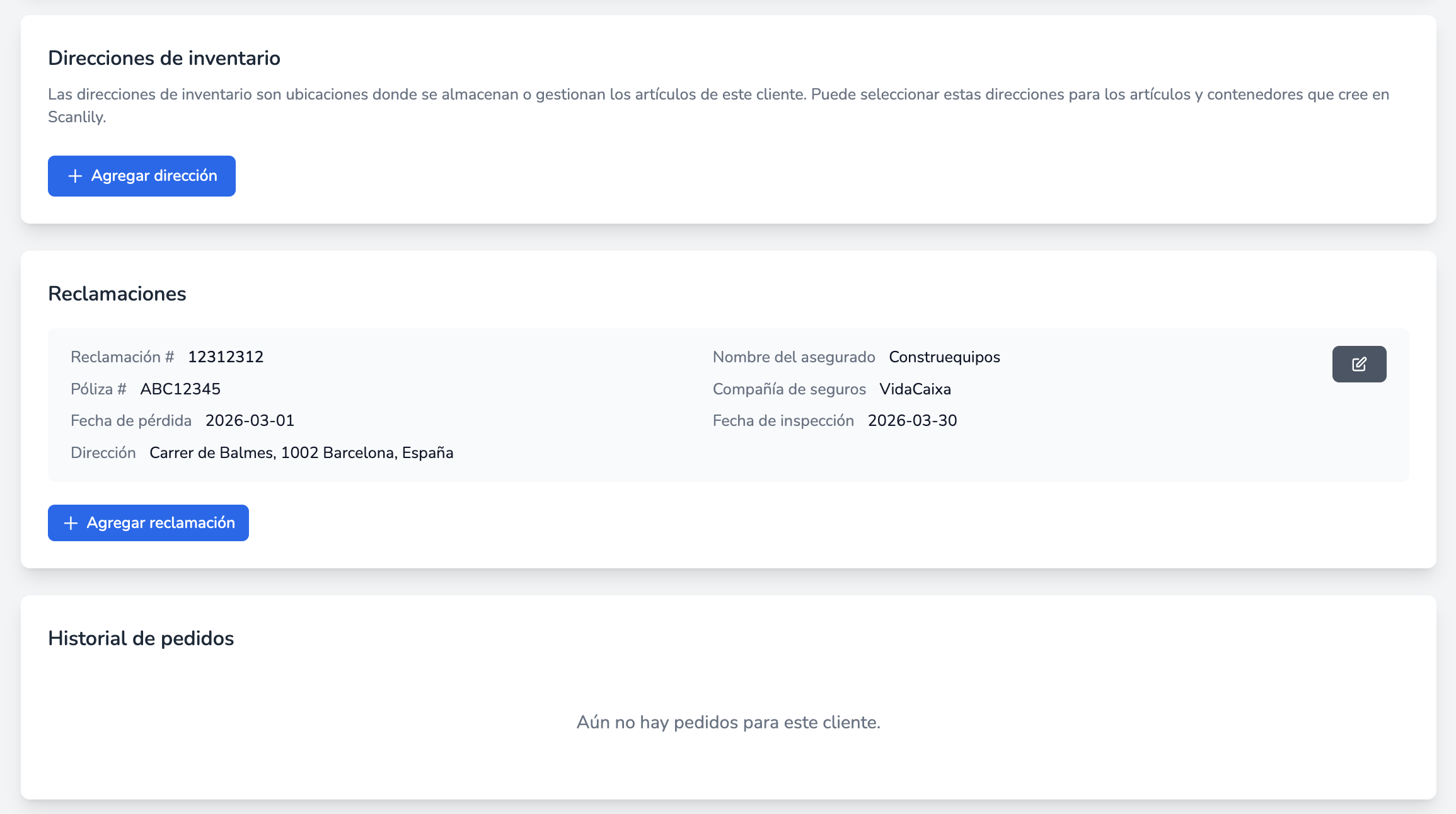 Sección inferior de la página de detalles del cliente que muestra las direcciones de inventario con una dirección, una sección de reclamaciones con los detalles de la reclamación y una sección de historial de pedidos vacía