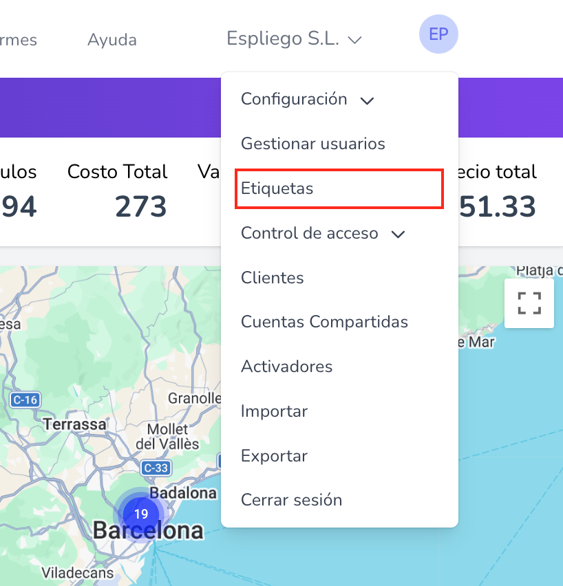 Menú de perfil de usuario mostrando la opción Etiquetas