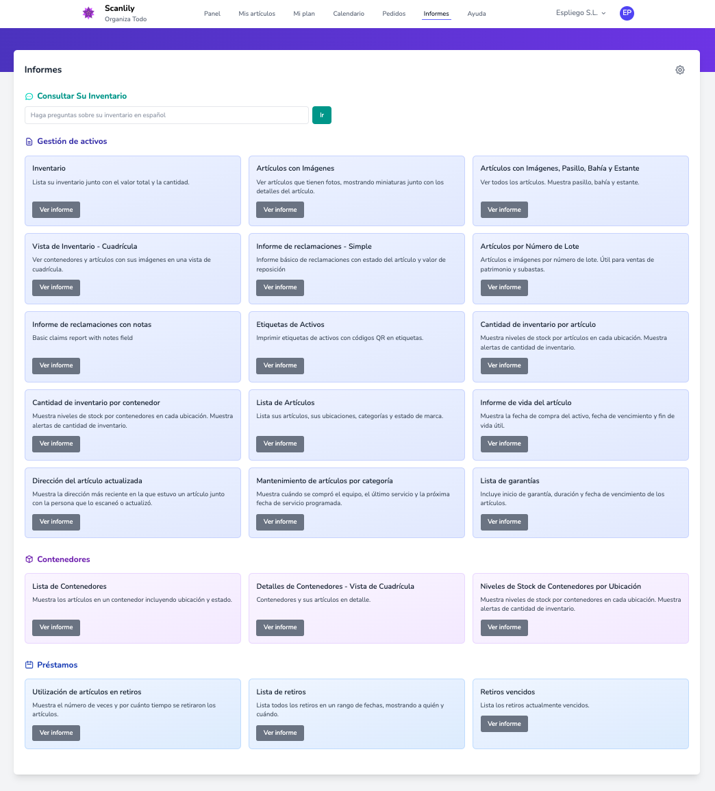 Menú de informes en el sitio web del usuario