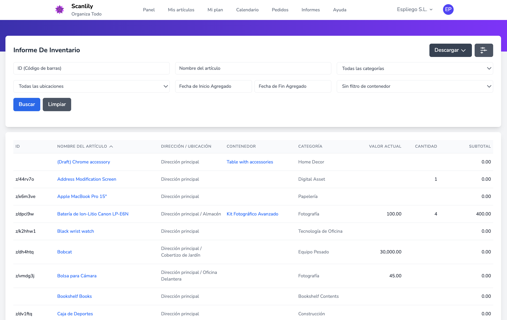 Informe de inventario que muestra artículos con valores y cantidades