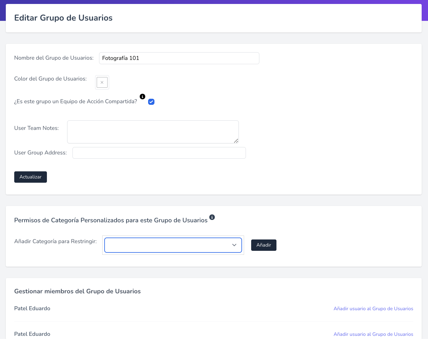 Edit User Group Page with ability to add group, indicate whether it is a shared action team, restrict categories and add or edit users