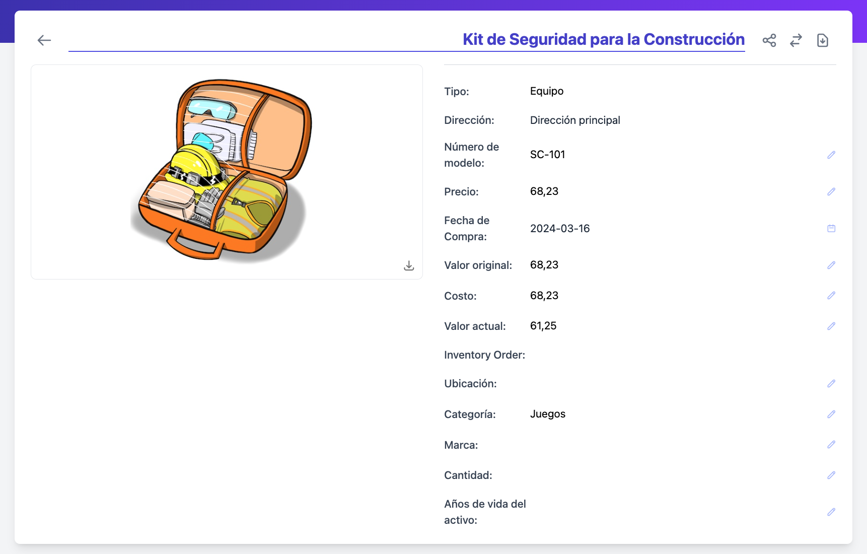 Página de detalles del artículo para un artículo aprobado que muestra el nombre del artículo, la foto y los campos editables, incluidos Marca, Número de modelo, Valor actual, Dirección, Contenedor y más