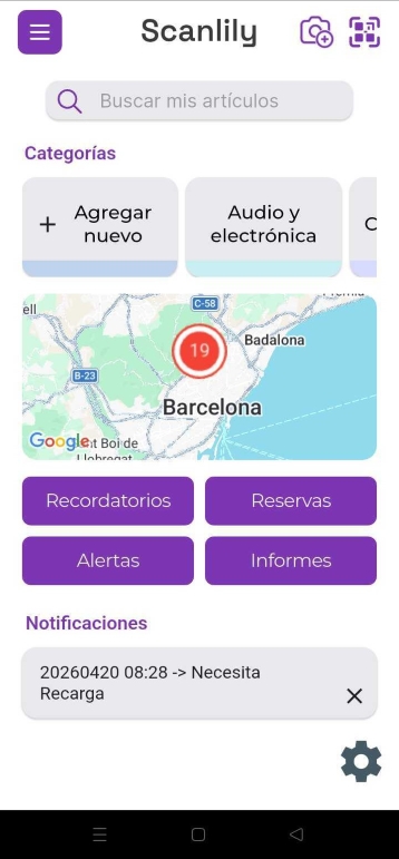 Imagen del panel de control mostrando la barra de búsqueda, categorías, mapa, botones para recordatorios y reservas, y notificaciones