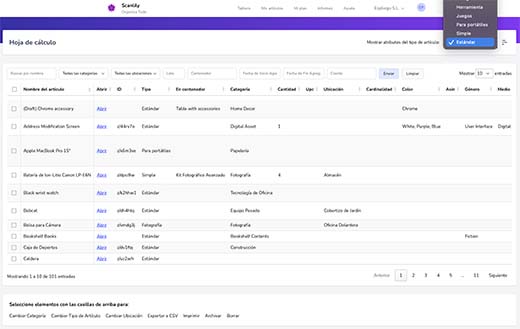 Hoja de cálculo que muestra el menú desplegable del selector de tipo de artículo