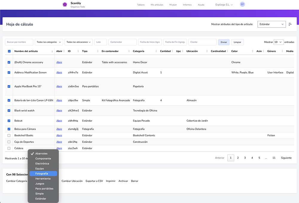 Menú desplegable que muestra para Con los seleccionados: Cambiar categoría. Muestra las diversas categorías