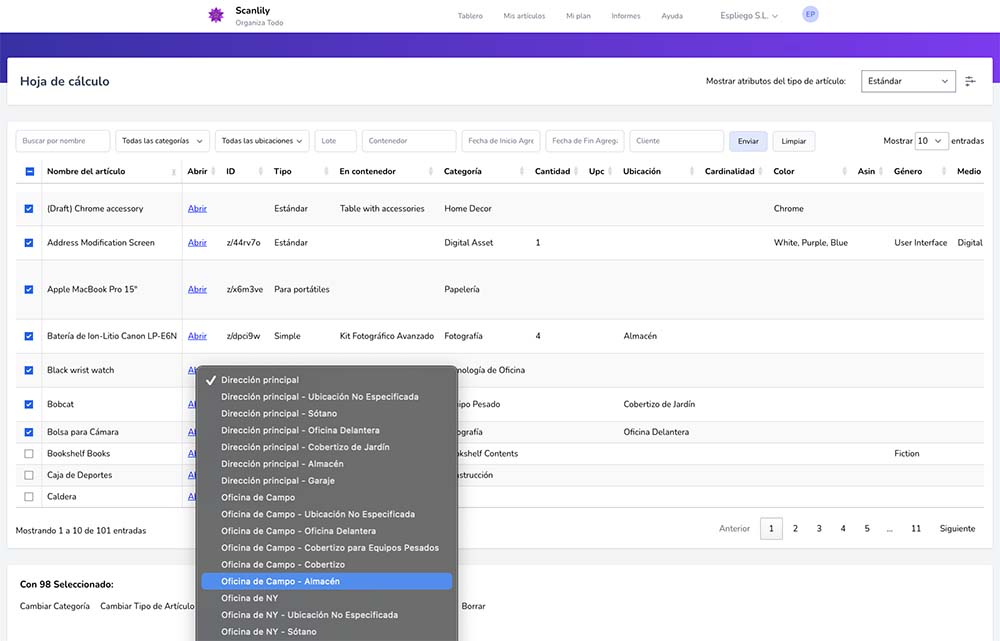 Menú desplegable de ubicación que muestra las direcciones HQ y Field Office, cada una con varias ubicaciones