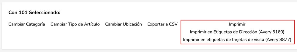 Opciones de impresión de etiquetas que muestran dos opciones de formato