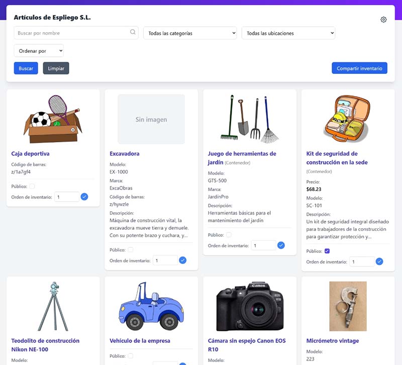 Página de exploración del inventario HTML que muestra los artículos con imágenes
