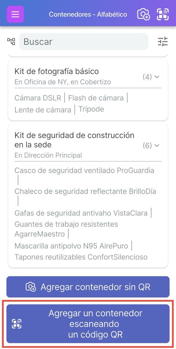 Imagen que muestra cómo añadir un contenedor con un código QR haciendo clic en el botón QR superior derecho o usando el