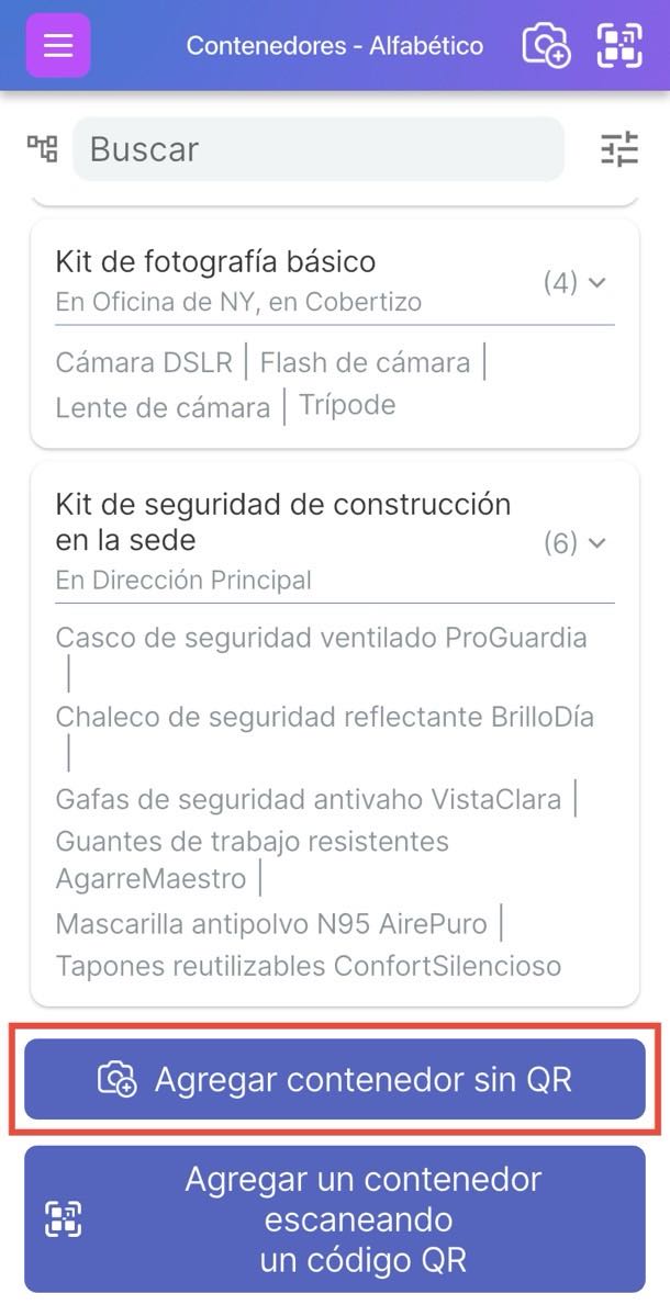 Imagen que muestra cómo añadir un contenedor sin etiqueta QR seleccionando el icono de Cámara+ o usando el