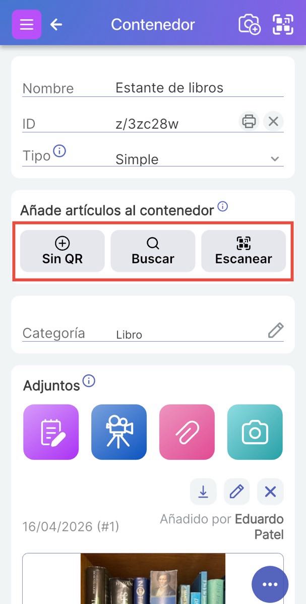 Página de contenedor que muestra opciones para agregar elementos: Buscar, Escanear QR o Sin QR