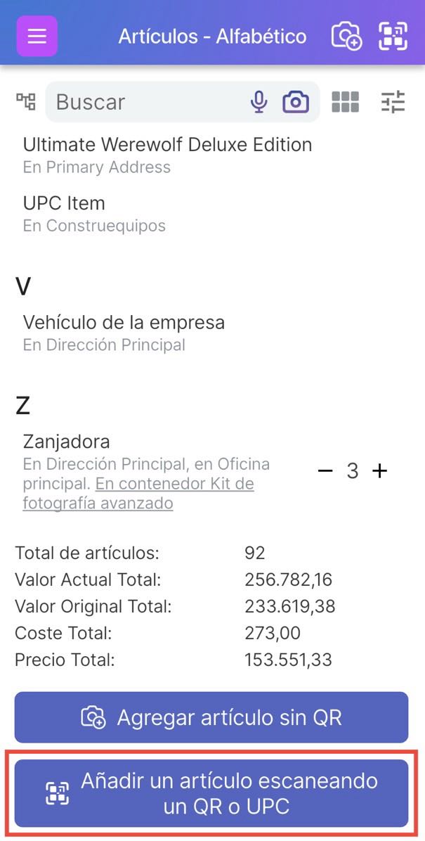 Imagen que muestra el botón "Añadir un artículo escaneando un código QR o UPC" en la parte inferior de la página de la lista de artículos.