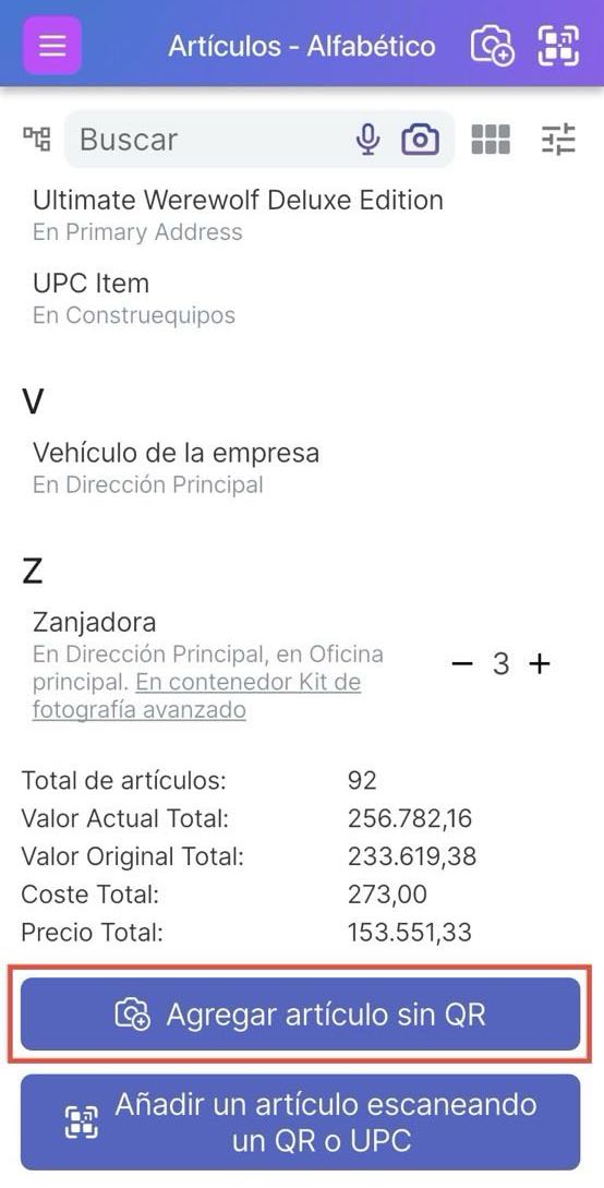 Imagen que muestra el botón resaltado para añadir un artículo sin QR