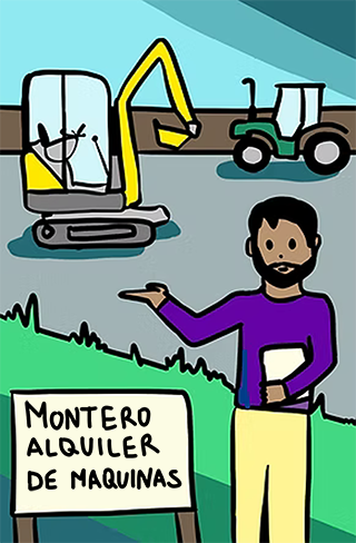 Evan delante del letrero de su empresa de alquiler de equipos