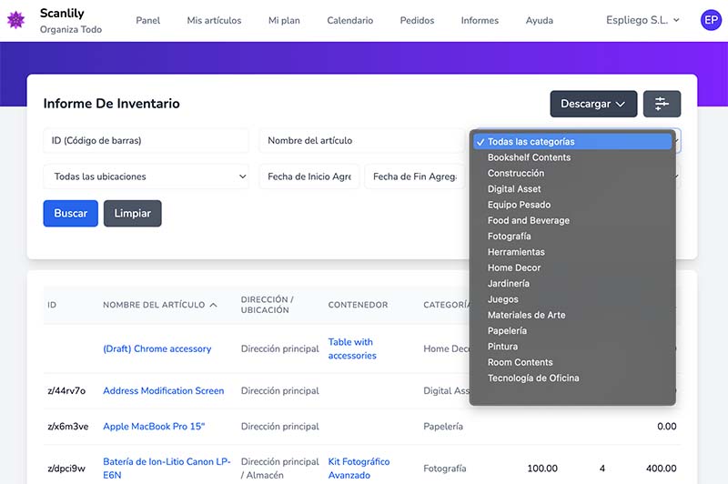 Página de informe que muestra el filtro de categoría seleccionado