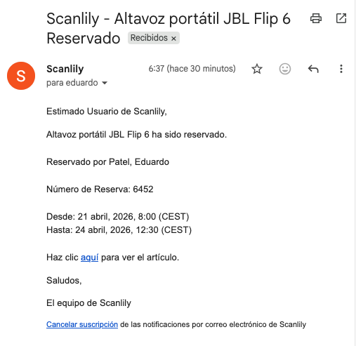 Captura de pantalla de un correo electrónico "Artículo reservado no devuelto"