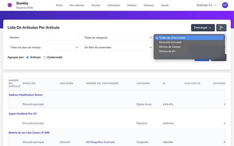 Informe que muestra los activos agrupados por ubicación con valores