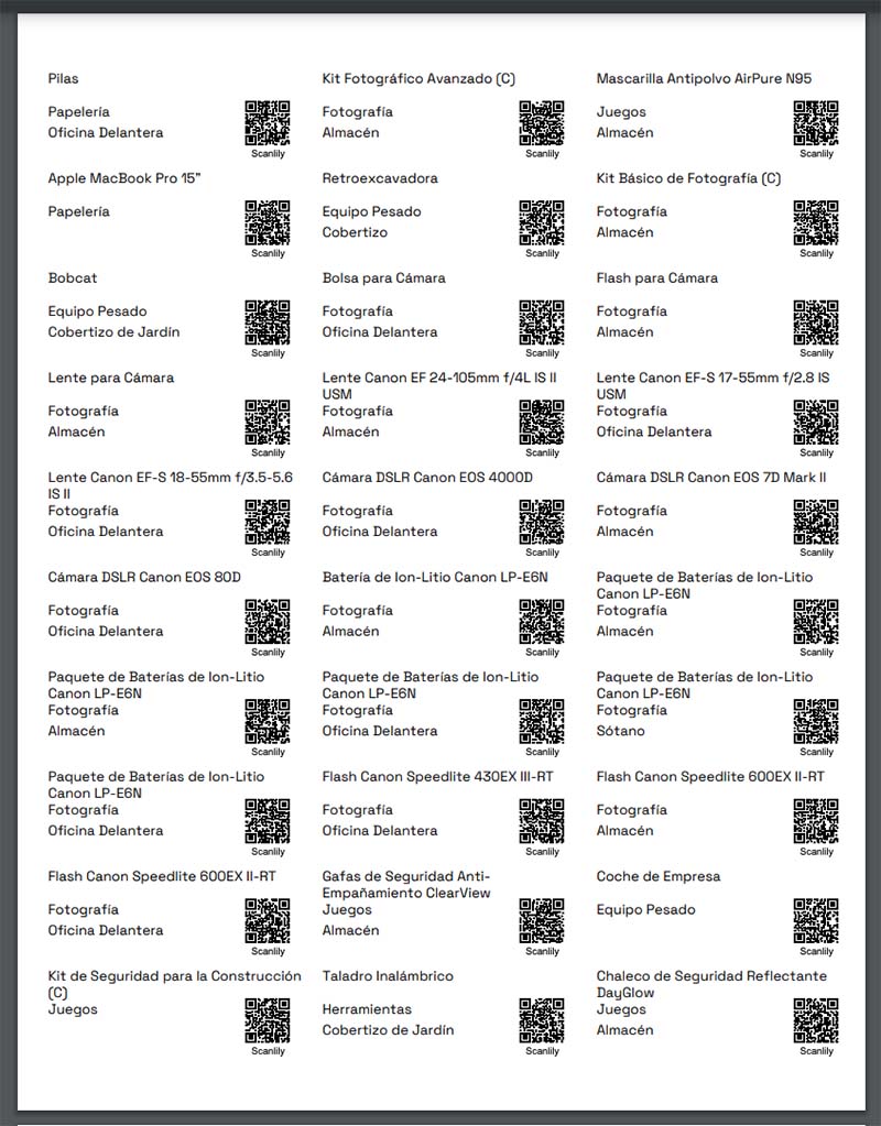 Una cuadrícula de 3 x 10 de etiquetas de dirección con códigos QR