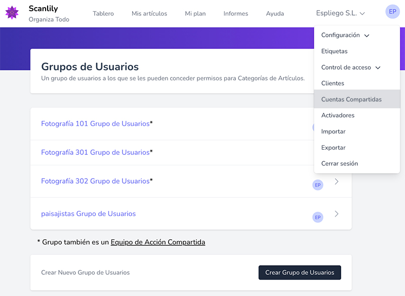 Page showing the list of shared action teams