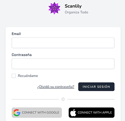 Muestra correo electrónico y contraseña para https://s.scanlily.com/login. También muestra las opciones Conectar con Google y Conectar con Apple para https://s.scanlily.com/login