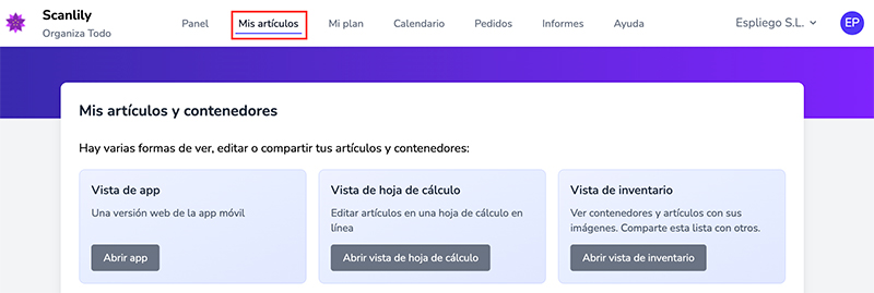Submenú Mis Elementos mostrando las opciones Vista de Aplicación, Vista de Hoja de Cálculo y Vista de Inventario