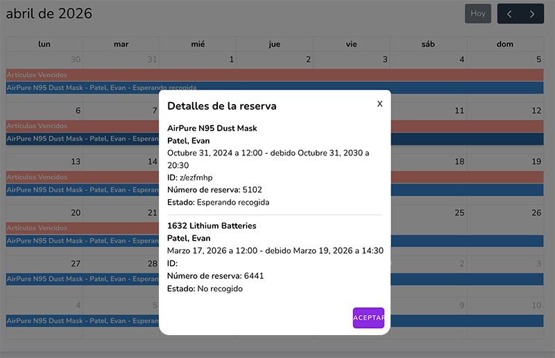 Ventana emergente que muestra dos artículos vencidos junto con los detalles de su reserva