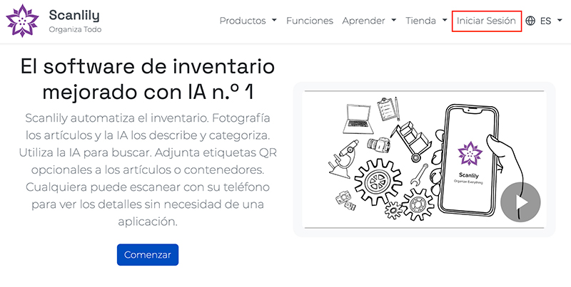 Sitio web de Scanlily con el botón Iniciar sesión resaltado