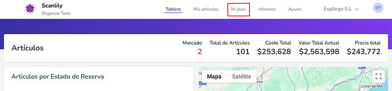 Sitio web de usuario de Scanlily con la sección "Mi plan" resaltada