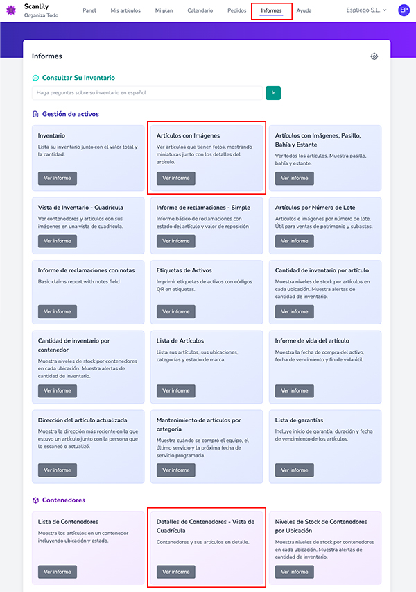Lista de informes con dos informes resaltados: "Lista de inventario con imágenes" y "Contenedor con imágenes y costos"