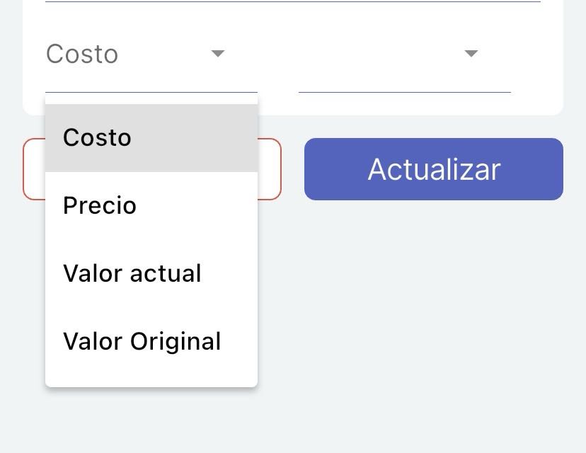 Menú desplegable en la parte inferior con cuatro valores: costo, precio, valor actual y valor original